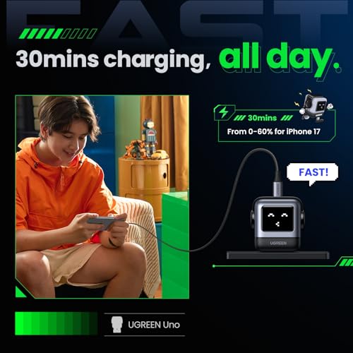 UGREEN Uno 30W USB C Charger Block, Compact Robot GaN Fast Charger for iPhone 17, Gifts for Women Men, Compatible with iPhone 17/16/15, Galaxy S26/S25/S24, Pixel 10/9/8, iPad, MacBook Neo/Air, Black - color: Black