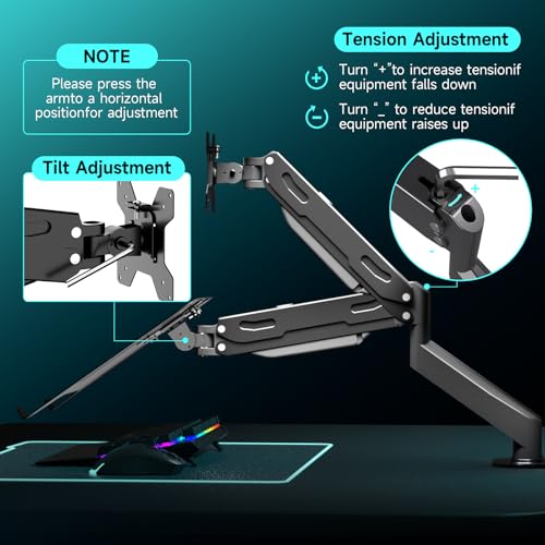 Pholiten Monitor and Laptop Mount for Max 32" Screen and 17" Notebook | Dual Monitor Mount Holds up to 22lbs Each, Laptop Tray Stand with Gas Spring Arm, VESA 75x75/100x100mm