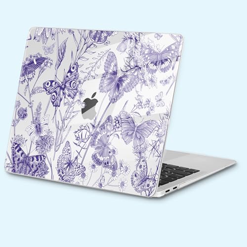 for MacBook Air 13 inch Case 2020 M1 A2337 2019 2018 Release– Fashionable Lightweight Floral Design Transparent HD Clear Laptop Shell, with TPU Keyboard Cover & OTG Adapters, Butterfly Blue - color: Butterfly Blue