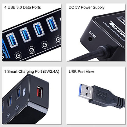 USB Hub with 4 USB 3.0 Data Ports + 1 USB Smart Charging Port | 5 Ports USB 3.0 Hub with Power Supply, Individual On/Off Port Switches for MacBook, Mac Pro, Hard Drive and More