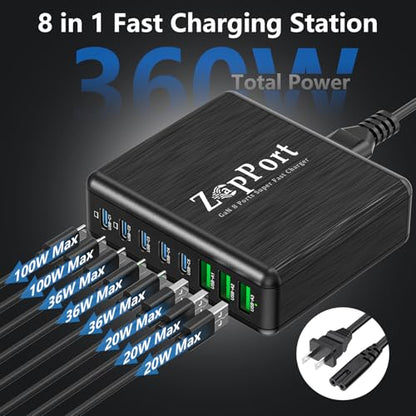 360W USB C Charging Station - 8 Ports Fast Charger Block | PD 100W | GaN Charger Block for Multiple Devices, Charging Hub for Laptop MacBook Pro/Air/iPad Pro/iPhone