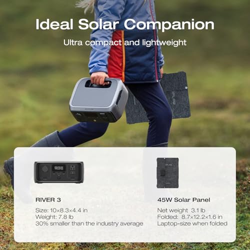 EF ECOFLOW Solar Generator RIVER 3 & 45W Solar Panel,245Wh 300W | LFP Battery, 300W Up to 600W AC Output, <20 MS UPS, 1Hr Fast Charging Power Station for Outdoor/RVs - style: RIVER 3+45W Solar Panel