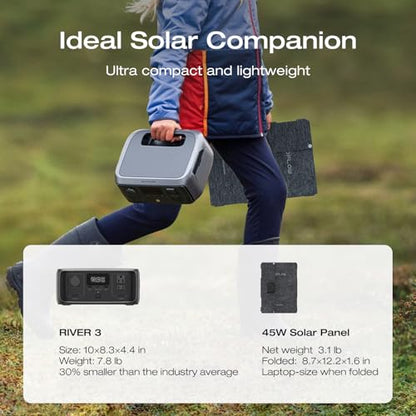 EF ECOFLOW Solar Generator RIVER 3 & 45W Solar Panel,245Wh 300W | LFP Battery, 300W Up to 600W AC Output, <20 MS UPS, 1Hr Fast Charging Power Station for Outdoor/RVs - style: RIVER 3+45W Solar Panel