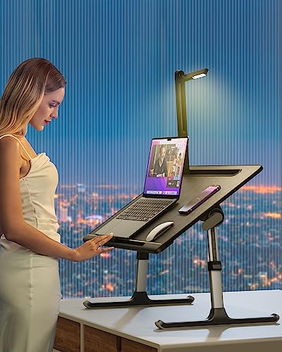 Laptop Bed Tray Desk with LED Desk Light, SAIJI Laptop Stand for Bed | XX-Large PVC Leather Foldable Table with Book Stand,Wrist Rest, Extra Leg Room(Black) - color: Black