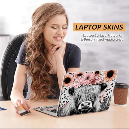 Laptop Skin Sticker for 12.1”-15.6“ Laptops (Fits 13”, 13.3”, 14”, 15”, 15.4”) | Protective Universal Reusable Vinyl Art Decal Cover | Waterproof & Scratch-Resistant-Highland Cow w/Pink Floral Crown - color: Highland Cow with Pink Floral Crown