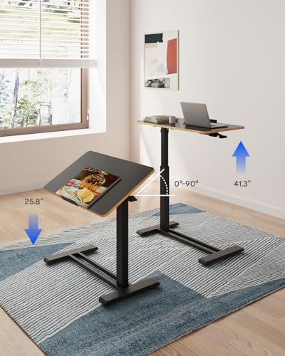 FLEXISPOT H7 PRO 90° Tiltable Mobile Overbed Table with Pneumatic Lift,28'' | Foldable bedside table with adjustable desktop for laptop, Rolling Computer Cart and bed sofa.27.6" W x 15.7" D,Black Maple - color: Black Maple, size: 28x16