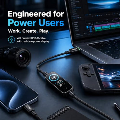 LITO 240W USB C to USB C Cable with TFT Touch Screen，PD 3.1 Fast Charge，4FT | TFT Power Meter, Smart LED Indicator, E-Marker, Premium Braided Nylon, for iPhone 17 16 15, MacBook, Laptop, Tablet