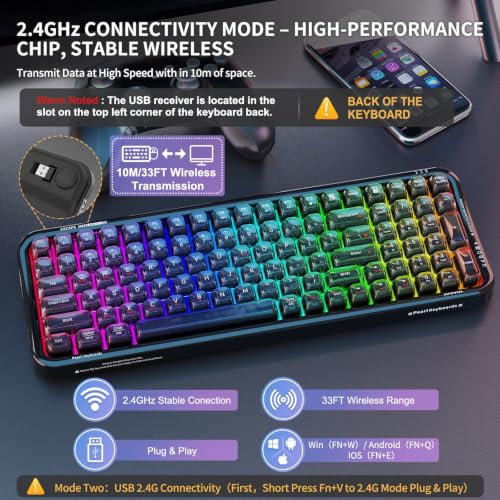 Wireless Computer Keyboard with RGB Backlit, Tri-Mode Bluetooth 5.0/USB-C/2.4GHz Ergonomic Gaming Keyboard - Full-Size Rechargeable Transparent Keycap for Laptop/Windows/PC - Black - color: 732 Black