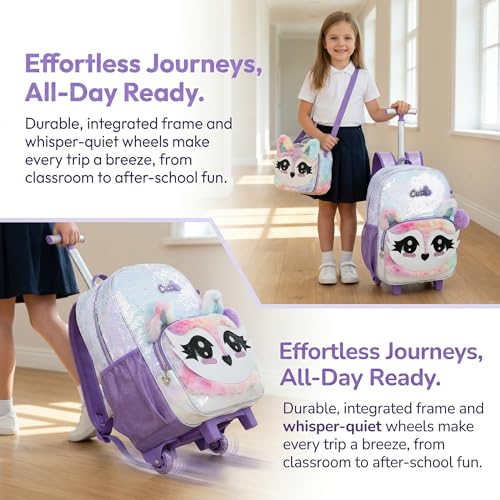 3PCS Kids Fluffy Cat Rolling Backpack for Girls, White Sequins | Trolley Suitcases Luggage Travel with Wheels, Roller Backpacks Set Toddler Back Pack School Bags Elementary Bookbag Wheeled - color: White-0121-huli