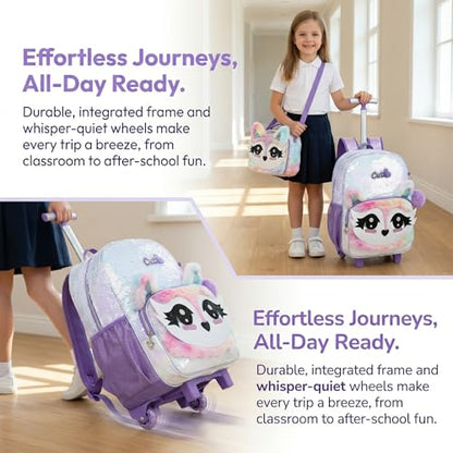 3PCS Kids Fluffy Cat Rolling Backpack for Girls, White Sequins | Trolley Suitcases Luggage Travel with Wheels, Roller Backpacks Set Toddler Back Pack School Bags Elementary Bookbag Wheeled - color: White-0121-huli