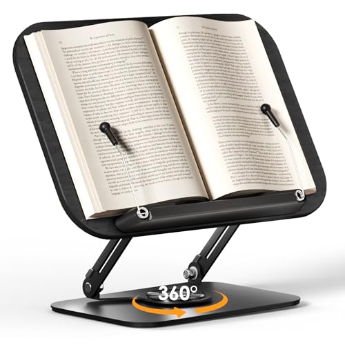Book Stand for Reading, Adjustable Book Holder with 360° Rotating Bases, Multifunctional Display Stand for Recipe, Cookbooks, Magazines - color: Black Wood