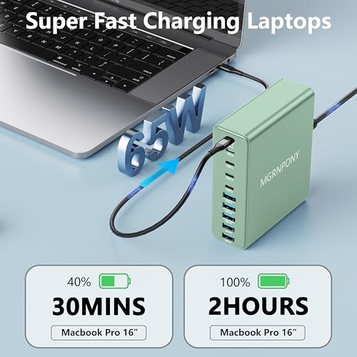 320W USB C Charger Block, 10-Port GaN USB C Charging Station Green | PD 65W Laptop Fast Charger Adapter for MacBook Pro/Air, DELL, iPad, iPhone, Samsung Galaxy - color: Green