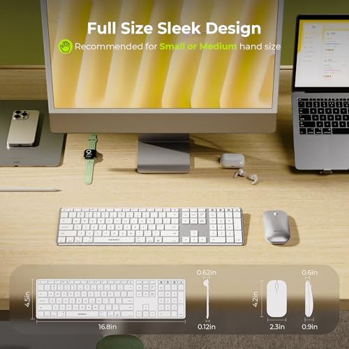 seenda Bluetooth Keyboard and Mouse for Mac, COS500 Multi-Device Rechargeable Keyboard Mouse with Quiet Keys, Full Size Slim Combo Compatible for MacBook Pro/Air, Mac, iPad, iPhone - White Silver