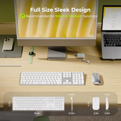 seenda Bluetooth Keyboard and Mouse for Mac, COS500 Multi-Device Rechargeable Keyboard Mouse with Quiet Keys, Full Size Slim Combo Compatible for MacBook Pro/Air, Mac, iPad, iPhone - White Silver