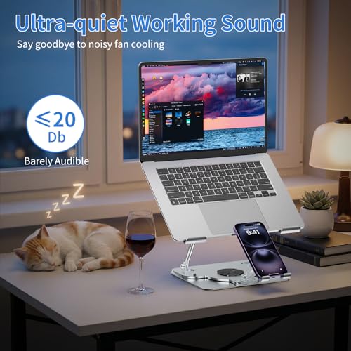 Laptop Cooling Pad with Detachable Fan & Cooler, 2-in-1 Laptop & Phone Stand, Adjustable Angle, 360° Rotatable Base, Carbon Steel, Ultra-Quiet & Super Sturdy for Laptop (Silver Gray) - color: Silver Gray