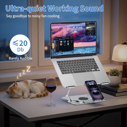 Laptop Cooling Pad with Detachable Fan & Cooler, 2-in-1 Laptop & Phone Stand, Adjustable Angle, 360° Rotatable Base, Carbon Steel, Ultra-Quiet & Super Sturdy for Laptop (Silver Gray) - color: Silver Gray