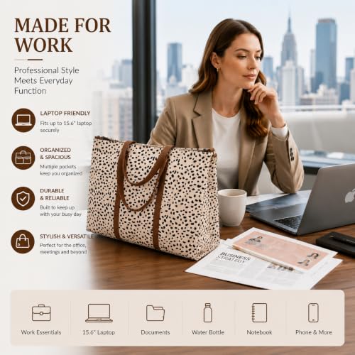 BTOOP Work Tote Bag for Women, Laptop Tote Bag With 15.6 Inch Padded Compartment, Teacher Nurse Bible Bags - color: A-leopard - Apricot