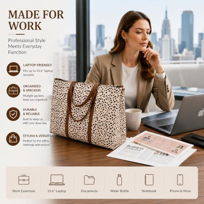 BTOOP Work Tote Bag for Women, Laptop Tote Bag With 15.6 Inch Padded Compartment, Teacher Nurse Bible Bags - color: A-leopard - Apricot