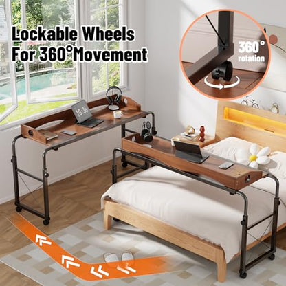 Overbed Table with Wheels, Adjustable Queen Size Bed Desk, Oaken | Fits Twin To King Beds, Adjustable Height & Length Rolling Over Bed Table For Hospital and Home, with 4 Locking Casters - color: Oaken