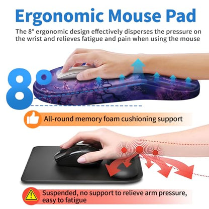 YIWEI Ergonomic Mouse Pad with Wrist Rest for Carpal Tunnel Pain Relief | Memory Foam Wrist Support,Non-Slip Rubber Base, Keyboard Computer Mousepad,Lycra Cloth Surface,Gaming Home Office - color: Moonlit Night