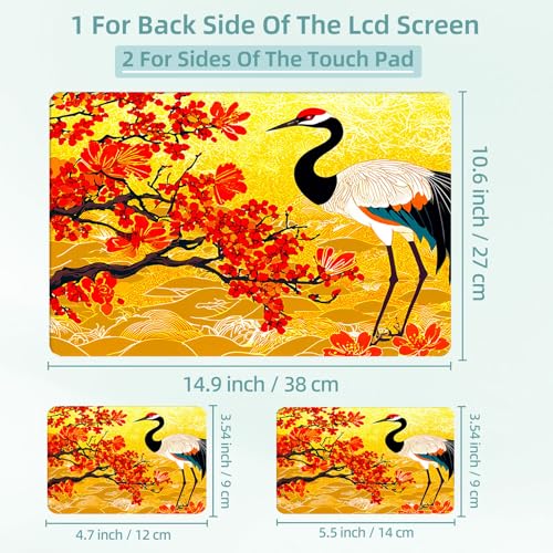Universal Laptop Skin Decal, 3-Piece Vinyl Protector for 12 13 14 15.6" Notebook, Waterproof Anti-Scratch, Easy Trim & Bubble-Free Finish, Red Flower Tree Crane - color: Red Flower Tree Crane