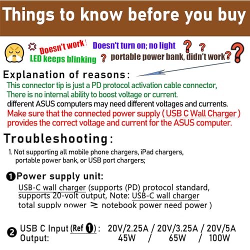 USB-C to 4.5mm Charging Cable for ASUS Q524 Q524U Q534 Q534U Q524UQ Q534UX Q534UXK P2540U P2540UA P2540NV P2540UV Q524UQ-BBI7T15 2-in-1 15.6" Touch-Screen Laptop DC Tip