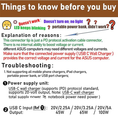 USB-C to 4.5mm Charging Cable for ASUS Q524 Q524U Q534 Q534U Q524UQ Q534UX Q534UXK P2540U P2540UA P2540NV P2540UV Q524UQ-BBI7T15 2-in-1 15.6" Touch-Screen Laptop DC Tip