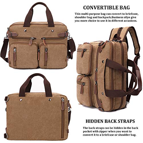 CROCOD 3 In 1 Canvas Convertible Laptop Bag for Men Women, 17.3 inch Laptop Messenger Bag Work Briefcase, Computer Shoulder Bag for Travel Business Office (17.3 Inch, Coffee) - color: Coffee