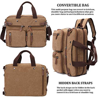 CROCOD 3 In 1 Canvas Convertible Laptop Bag for Men Women, 17.3 inch Laptop Messenger Bag Work Briefcase, Computer Shoulder Bag for Travel Business Office (17.3 Inch, Coffee) - color: Coffee