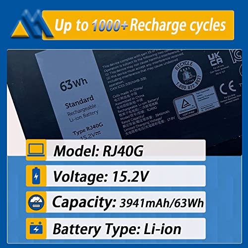 RJ40G 4-Cell 63Wh Laptop Battery Replacement for Dell Latitude 15 5520 Latitude 14 5420 Precision 15 3560 Series M033W 01K2CF 075X16 WY9DX P137G P137G001 P104F P104F001 0WK3F1 0M3KCN 15.2V 3941mAh - size: 9.66*4.06*0.22 inch RJ40G
