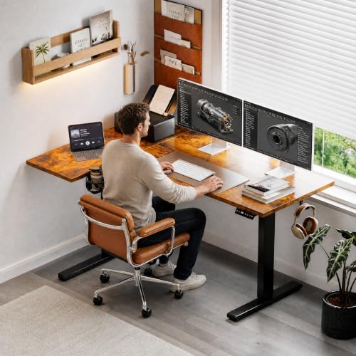Muvai 71 Inch L Shaped Standing Desk Adjustable Height with Cable Management Tray,Gaming Electric Corner Standing Desk, Sit Stand Computer Table with Reversiable Splice Board, Rustic Brown - color: Rustic Brown, size: L-shaped 71 Inches