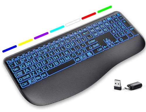 Hamile Large Print Wireless Backlit Keyboard for Windows, Black | Rechargeable keyboard with quiet low-profile keys, 7-color backlight memory, full-size layout, and extra-large wrist rest - color: Black