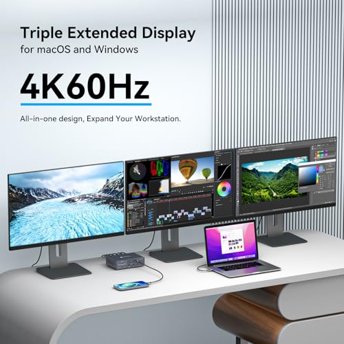 TJCXELE Displaylink Docking Station 3 Monitors with HDMI DP,19-in-1 USB C Laptop Docking Station Triple Display 4K 60Hz with PD 100W,10bps USBC/A Ethernet/Card Readers/Audio for M1 M2 M3/Mac&Windows