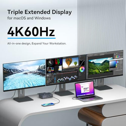 TJCXELE Displaylink Docking Station 3 Monitors with HDMI DP,19-in-1 USB C Laptop Docking Station Triple Display 4K 60Hz with PD 100W,10bps USBC/A Ethernet/Card Readers/Audio for M1 M2 M3/Mac&Windows