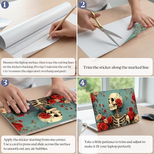 Universal Laptop Skin Sticker Decal,15.6 Inch Laptop Vinyl Cover for 13" 14" 15.6" Laptop,Scratch-Resistant Waterproof Protector Wrap,Reusable with Wrist Pads,Rose Skeleton Art - color: Rose Skeleton Art