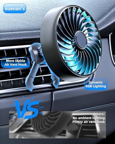 USB AC Fan for Car SUV Van Pickup Truck RV Vehicles Air Vent, Car Vent Fan to Boost Cooling Air Circulation, Colorful Lighting Car Clip On Fan 3 Speed Setting 360 Rotating Quiet Running