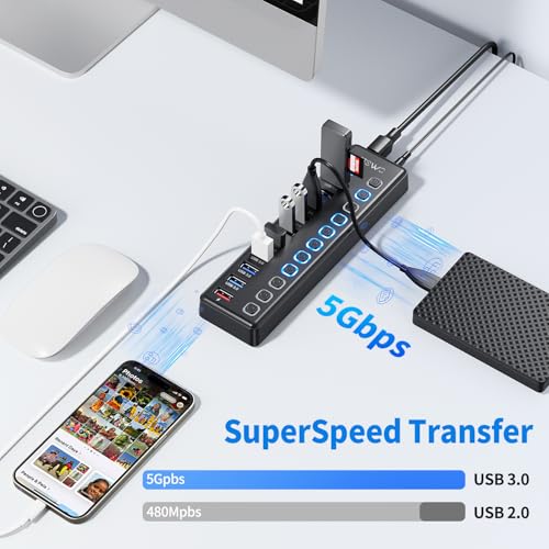Powered USB Hub, JESWO 11 Port USB 3.0 Hub, 10 USB 3.0 Data Transfer Ports + 1 Smart Charging Port, USB Hub Powered with Individual LED On/Off Switches and 12V/3A Power Adapter - style: 10+1 USB 3.0 Hub