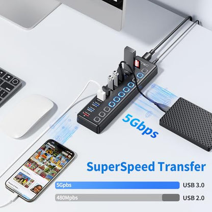 Powered USB Hub, JESWO 11 Port USB 3.0 Hub, 10 USB 3.0 Data Transfer Ports + 1 Smart Charging Port, USB Hub Powered with Individual LED On/Off Switches and 12V/3A Power Adapter - style: 10+1 USB 3.0 Hub
