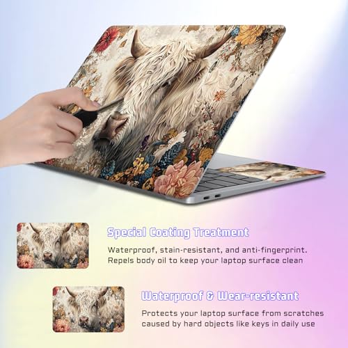 Universal Laptop Skin Sticker Decal, Compatible with MacBook HP Dell Lenovo 12"-15.6", Reusable Vinyl Notebook Cover 3PCS Set, High-Recognition Film-Highland Cow with Flower - color: Highland Cow with Flower