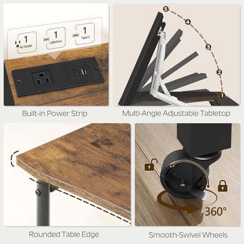 Overbed Table with Wheels and Height Adjustable, Recliner Table with Charging Station, Over the Bed Desk for Bed, Sofa, Office, Rustic Brown and Black SF05UBR