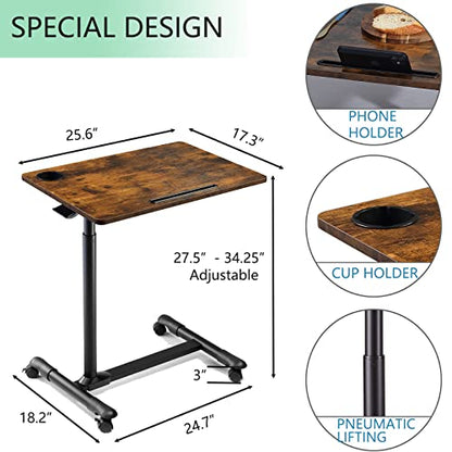 ETHU Overbed Table with Hydraulic Lift, 27.1-34.2 Inch Height Adjustable Bed Table with Lockable Casters - Wood Grain Tabletop with Cup Holder & Charging Slot, 22lbs Capacity Rolling Bedside Desk - color: Walnut