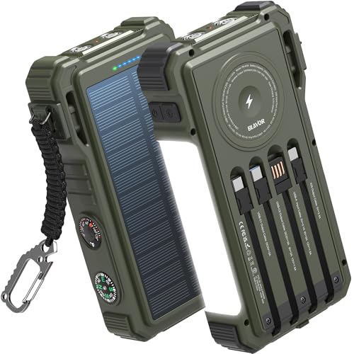 BLAVOR Solar Power Bank 20000mAh Built-in Cables, Wireless Charger for Phones & Apple Watch, 20W Fast Charging Battery Pack with USB C, Flashlight, Solar Charger for iPhone, iPad, iWatch, Samsung - color: Green