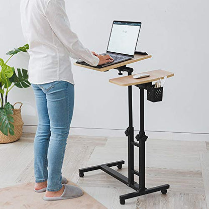 Adjustable Overbed Laptop Table Tilting Top with Mouse Pad, Height Adjustable Rolling Bedside Desk with Wheels for Home, Hospital, Sofa Use - Dark Blond Wood - color: Blond Wood