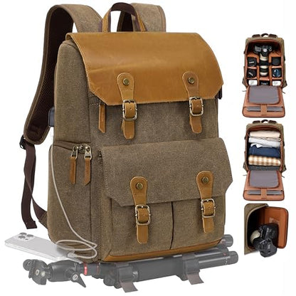 Padwa Lifestyle Khaki Professional Camera Backpack - Retro Crazy Horse Art Cowhide Canvas Large Camera Bag with Multi Camera&16” Laptop Thick Compartment,Weather Resistant Photography Backpacks - color: Khaki