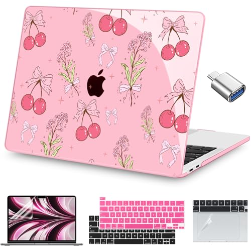 Teryeefi for MacBook Pro 13 inch Case A2338 M2 M1 Chip A2251 A2289 A2159 A1989 A1706 (2025 2024 2023 2022-2016), Clear Pink Hard Shell with Keyboard Cover Trackpad Film Type C Adapter,Pink Cherry W128 - color: Cute Cherry W128