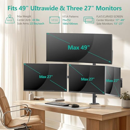 WALI Quad Monitor Mount for up to 49 inch Ultrawides on Top Bracket and 27 inch Screens on Lower Brackets, Extra Tall 4 Monitor Stand, Heavy Duty Monitors Arm up to 44 lbs (M004S-P), Black - size: 13"-49", style: Quad