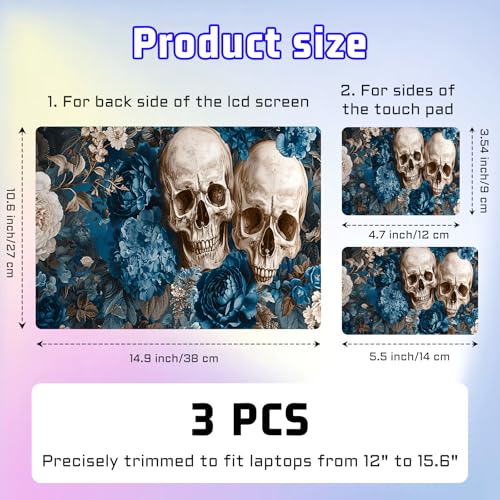 Universal Laptop Skin Sticker Decal, Compatible with MacBook HP Dell Lenovo 12"-15.6", Reusable Vinyl Notebook Cover 3PCS Set, High-Recognition Film-Skull in Blue Flowers - color: Skull in Blue Flowers