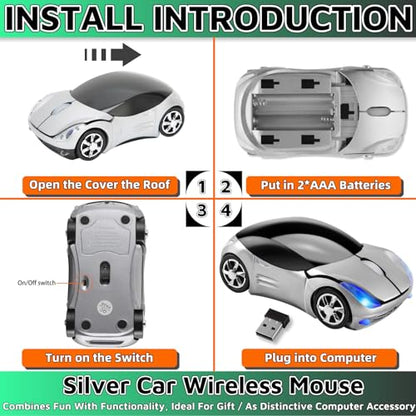 Silver Car Mouse，Computer Mice 2.4G 1600DPI with USB Reciver for Computer Wireless Computer Mouse Wireless Cute Wireless Mouse for Laptop Tablet for Windows Mac OS（Silver） - color: SILVER
