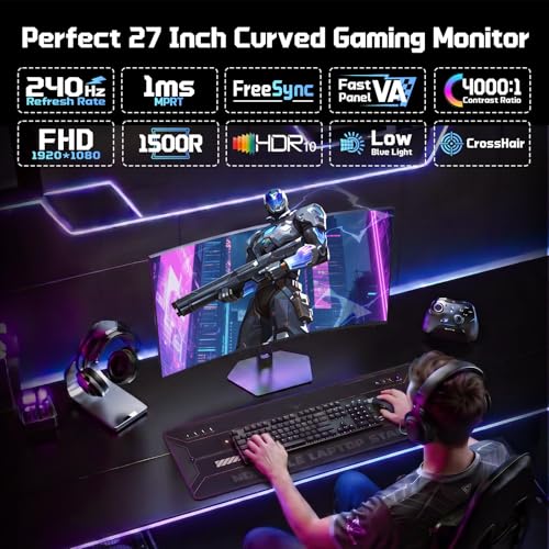 Hikers 27 Inch 240Hz Curved Gaming Monitor, FHD 1080P Computer Monitor | 4000:1 Contrast Ratio Fast VA with MPRT 1ms, 130% sRGB 1500R HDMI DP VESA 100×100, (G27H1F, One HDMI Cable Included) - size: 27 inch