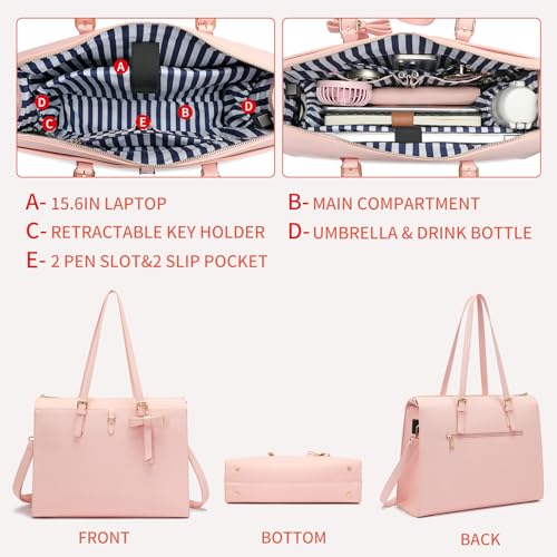 Keyli 4pc Sets Laptop Bag for Women Large Leather Laptop Briefcase with USB Charging Port Computer Shoulder tote Bags Purse - color: Pink